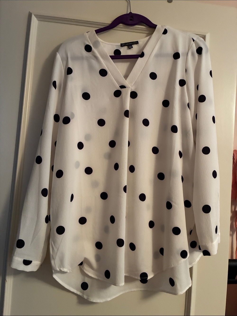 Adrianna Papell White V-Neck Polka Dot Blouse